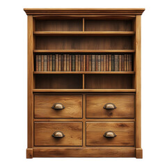 An antique wooden bookcase filled with aged books and four drawers a on transparent background
