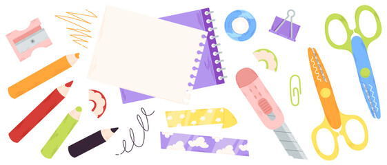 Colorful set of drawing supplies and stationery items - pencils and scissors, paper binder clips and tape, sketchbook with cut sheet and utility knife. cute doodle pastel school art tools on white.