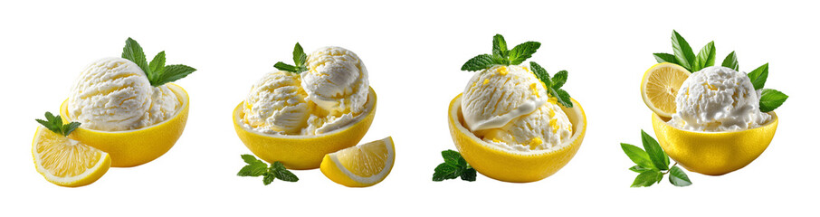 four variations set of Lemon ice cream in a halved lemon on a transparent background