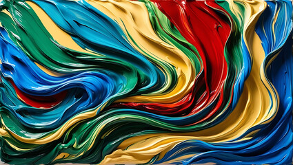 Colorful swirling abstract art with dynamic red, blue, yellow and green fluid patterns perfect for modern home decor, creative offices, or artistic event promotional materials in contemporary expressi