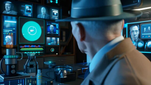 A hyper realistic, villainous figure clad in a sleek, dark suit and enhanced with cybernetic features stares through his eyes.