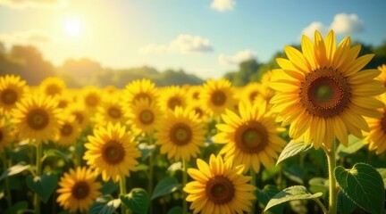 Fototapeta premium Golden Sunflowers Basking in the Warm Glow of a Summer Sunset, a Vibrant Field of Blooming Yellow Happiness