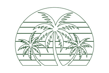 Obraz premium Vector illustration of minimalist line art with palm trees and a sunset motif