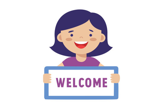 Vector Illustration of Smiling Cartoon Girl Holding a 'Welcome' Sign with Purple Text