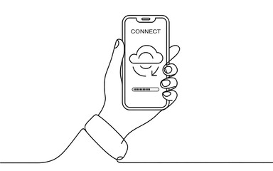 Hand holding smartphone showing cloud connection progress