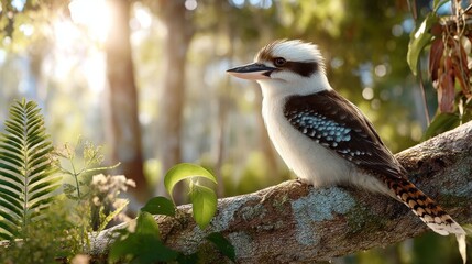 Kookaburra resting on branch in sunlit forest