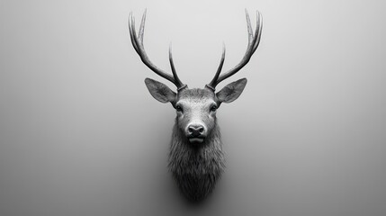 Monochrome deer head mounted on wall.  Detailed 3D rendering