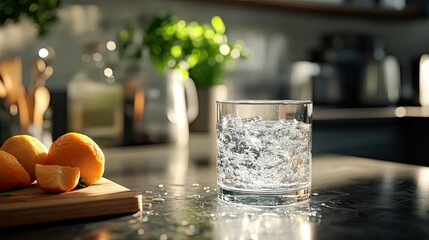 Refreshing drink of icy water alongside juicy oranges on a sunlit countertop creating a moment of simple pleasure with