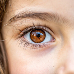 Obraz premium Extreme macro shot of a woman's brown iris filling the entire frame, capturing every detail of the pupil and intricate iris patterns with crisp eyelash definition, professional studio lighting