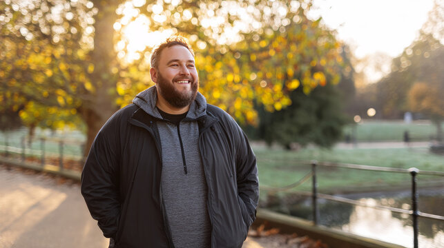 Portrait of a man with obesity smiling while on a walk in the park, dressed in sportswear