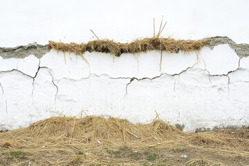 Fototapeta premium Whitewashed wall with extensive cracking, showing age and weathering. Dry straw and grass are piled at its base