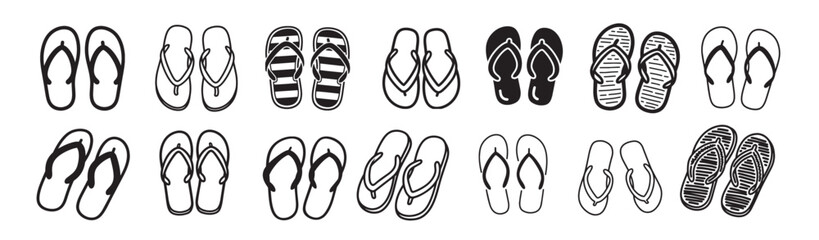 Vector Set – Black Line Art of Flip-Flops Pair, Beach Footwear Clipart on Solid White Background