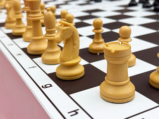 Close-up of chessboard with focus on white chess pieces