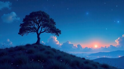 Serene Twilight Landscape Solitary Tree on Hilltop, Starry Sky, Distant Lights, Peaceful Atmosphere