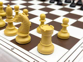 Close-up of chess pieces on a brown and white checkered chessboard