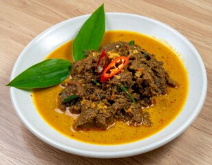 Spicy Beef Rendang with Coconut Milk on Ceramic Plate with Fresh Turmeric Leaf Garnish