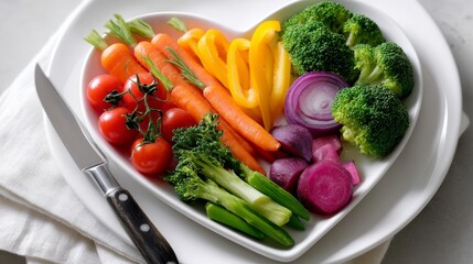 Assorted fresh vegetables on heart-shaped plate for healthy eating