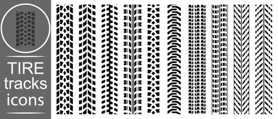 Tire tracks icon set. Tire track mark icon vector set Silhouette. Car wheel tires track footprints, vehicles tires footprints, tires track set, tread brushes, wheel treads, vector illustration.