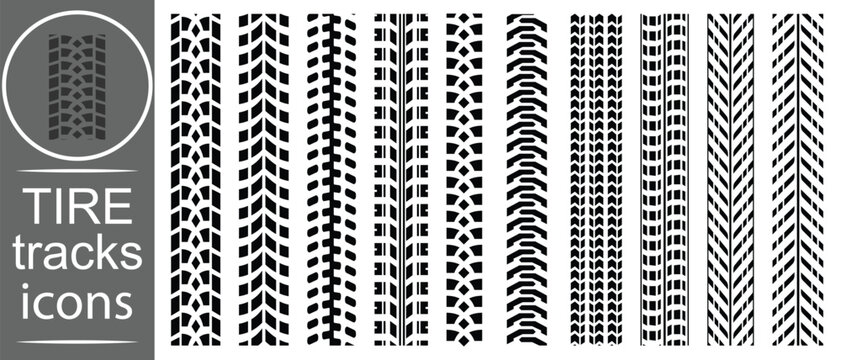 Tire tracks icon set. Tire track mark icon vector set Silhouette. Car wheel tires track footprints, vehicles tires footprints, tires track set, tread brushes, wheel treads, vector illustration.