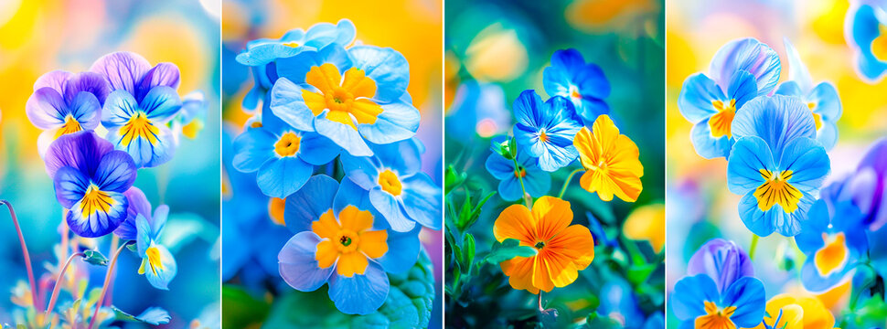 Captures the intricate details of pansy flowers in vibrant colors. Macro photography brings beauty and nature closer. Shows delicate features and stunning shades of blue and yellow pansies.