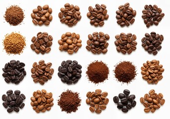 Obraz premium Assortment of Coffee Beans and Grounds in Various Roasts and Grinds on White Background for Café, Barista, and Coffee Shop Concepts