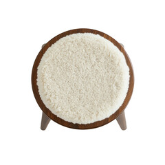 Top View of a Round Wooden Stool with a Fluffy White Sheepskin Seat Pad