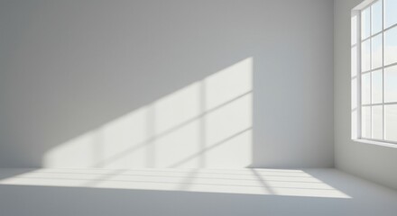 An empty sundrenched room corner with a large paneled window and stark blank walls