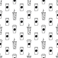 Seamless pattern with vector doodle paper cup of coffee. Can be used for making wallpaper, fabrics and other types of products