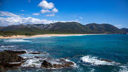 Sardinian sea Buggerru coast, San Nicolo' beach, Portixeddu  village, Italy