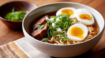Delicious bowl of ramen with soft-boiled eggs, pork, and green onions on a wooden table
