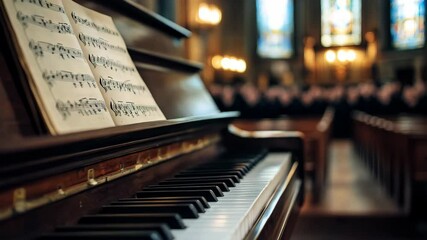 Music notes on piano in church with copy space