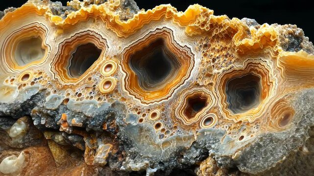 Intricate yellow and grey agate slice with concentric bands and hollow vugs