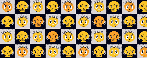 Halloween Checkerboard Pattern with Angry Skull Faces in Quirky Style. Grungy and playful design with expressive Halloween icons in warm yellow and orange hues, ideal for kids apparel, prints, fashion