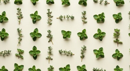 Fototapeta premium A delicate thyme and oregano pattern fresh herbs on a light surface