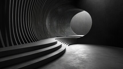 Dark, futuristic, architectural tunnel.  A series of steps and curved walls create a dramatic space