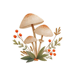 Whimsical Watercolor Mushrooms and Berries Clipart