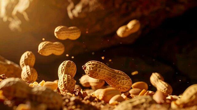 Flying peanuts with shells and kernels amidst a golden, hazy light