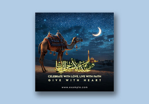 Eid ul-Adha Mubarak Editable Social Media Post with Golden Arabic Calligraphy, Camel Under Crescent Moon Nighy Sky and Illuminating Mosque.