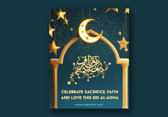 Eid ul-Adha Mubarak Editable Social Media Post with Arabic Calligraphy, 3D Arch Way Decorated with Crescent Moon and Stars.