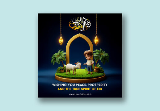 Eid ul-Adha Mubarak Editable Social Media Post with Arabic Calligraphy, 3D Illustration Little Boy with Goat on Garden Decorate with Lanterns.