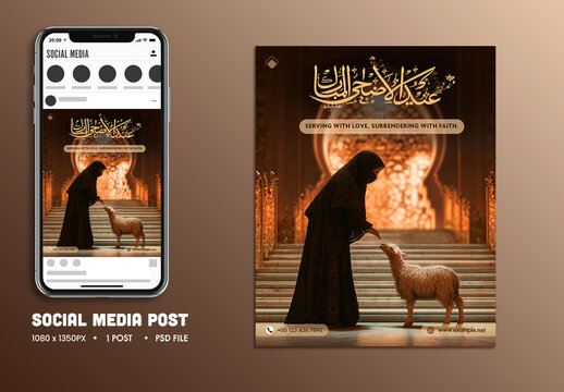 Eid Al-Adha Mubarak Editable Social Media Post with Arabic Calligraphy, Illustration Muslim Woman and Goat in Front of Mosque