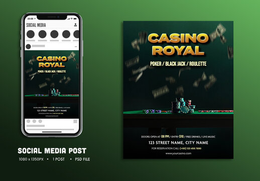 Casino Royal Editable Social Media Post for Gambling Night or Tournament Event Promotion.
