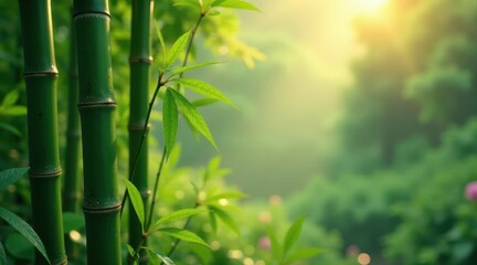 Serene Bamboo Grove at Sunrise Lush Green Stalks and Vibrant Foliage Bathed in Golden Sunlight