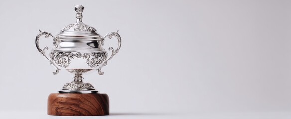 The elegant trophy showcasing intricate silver design on a wooden base.