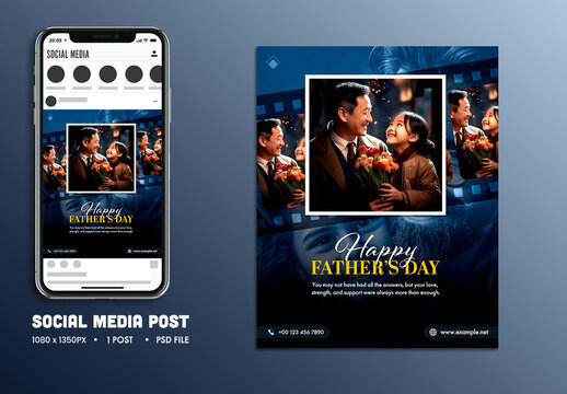 Happy Father&rsquo;s Day Editable Social Media Post with Asian Father and Daughter Holding Flower Bouquet Photo.