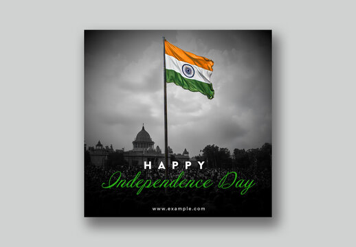 Happy Independence Day Editable Social Media Post with Waving Indian Flag and Crowd People Celebrate National Festival.
