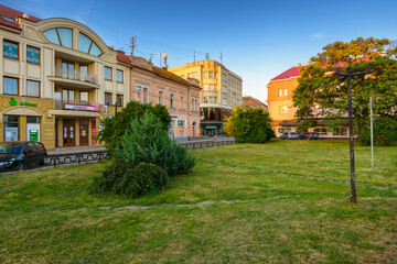 uzhhorod, ukraine - 04 jun 2017: koriatovycha square in morning light. old austro-hongarian, czechoslovak and modern ukrainian architecture ensemble. cloudless peaceful blue sky in summer