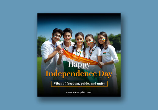 Happy Independence Day Editable Social Media Post with Indian Teenagers Together Holding National Flag at Nature Background.