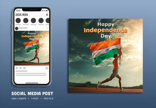 Happy Independence Day Social Media Post with Indian Athletic Man Running with National Flag, Editable Design.