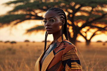 attractive african american model wearing traditional jewelry and eyeglasses posing in savannah at sunset - ai generative image